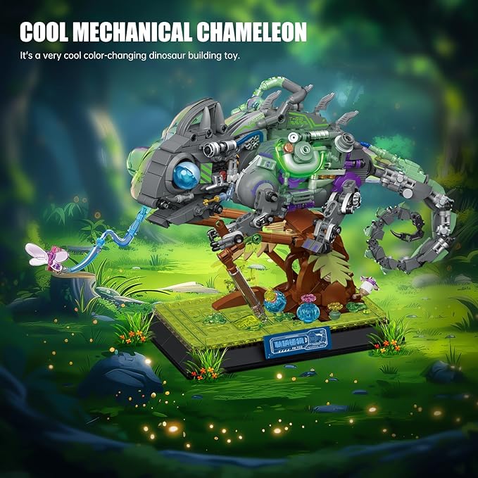 Cool Mechanical Chameleon Model Building Set for Adults Neon Body Dinosaur Animals with Light Insect Collection Building Toy Collectible Display Model Ideal Gifts (827 Pcs)
