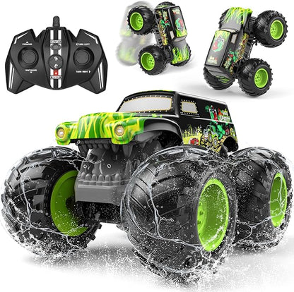 Amphibious Remote Control Monster Truck for Kids Self-Balancing 4WD Stunt RC Truck with Wheelie Action Waterproof All-Terrain Off-Road Big Tire Toy Car for Boys Girls Ages 6–12 Pool Gift
