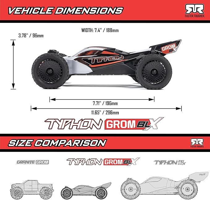 ARRMA RC Car Typhon GROM 4X4 223S BLX BRUSHLESS Small Scale Buggy RTR (Battery and Charger Not Included) with DSC Silver ARA2306T1
