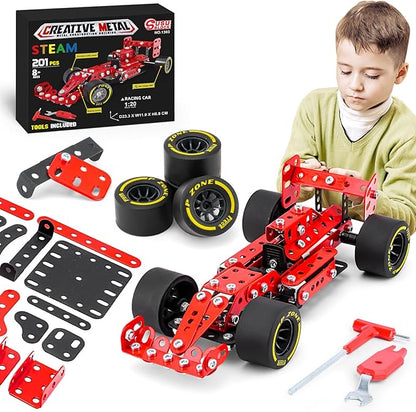 Building Car Metal Model KitsSTEM Building Toys Model Car Kits for Boys 8-12Erector Sets 1:20 Scale Red Racing Car Metal Building Blocks for Kids Boys 8 9 10 11 12-16 Years Old