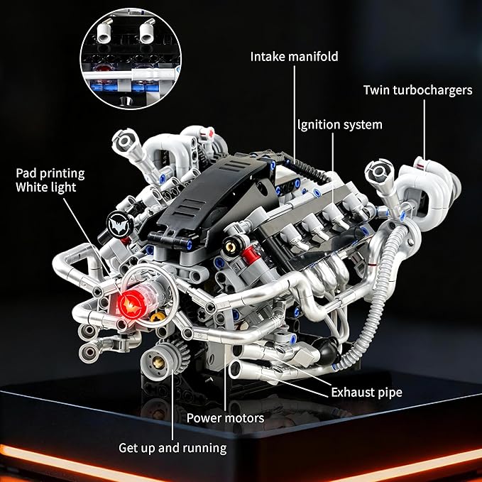 V8 Engine Model Kit that RunsVisible Building Toys with APP Control Motor &amp LED Light Mini Engine kit for Adults &amp Boys Kids 14+ Years Old (770PCS)