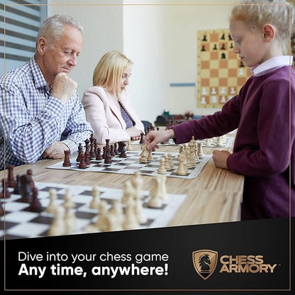 Chess Armory Roll Up Chess Set - 17 On-The-go Travel Chess Set - Vinyl Roll Up Portable Chess Board &amp 2 Extra Queens - Light and Mobile Chess Set - Play Chess Anywhere Anytime!