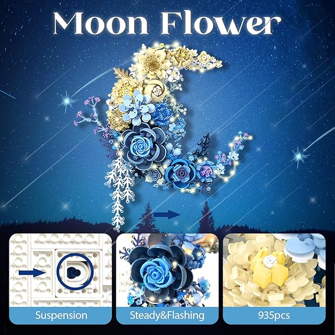 Moon Flower Building Set for Adults - 934 Pcs Light Up Botanical Kit with Lisianthus &amp Roses Artificial Flower Decoration for Home Bedroom Office Shelf Unique Gifts for Flower Lover