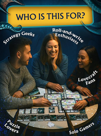 CrowD Games | Innsmouth Travel Guide | 1-4 Players | Ages 14 and up | Roll and Write | Tourism | Route Building | Lovecraft | Solo Mode Included | Average Playtime 30 min