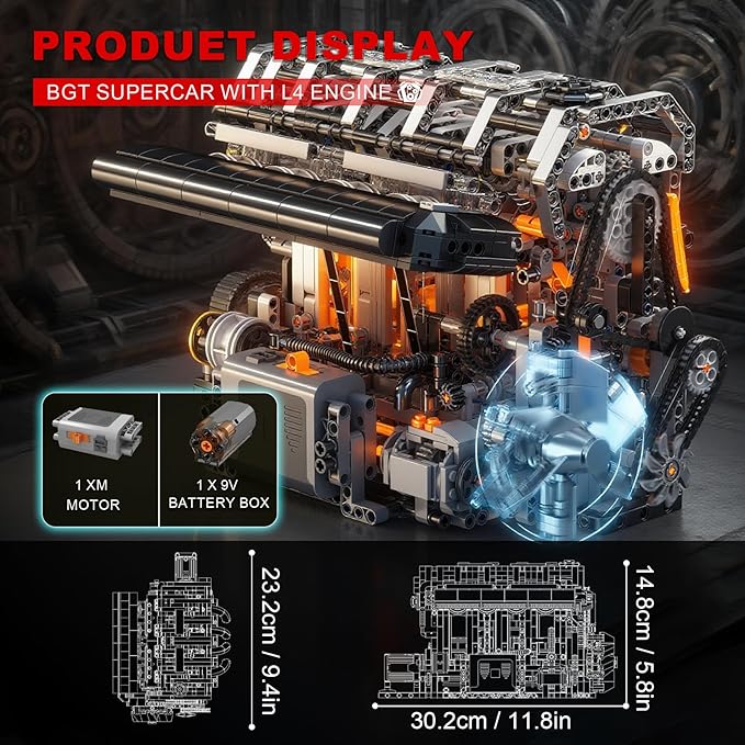 Sosuy Inline-4 (L4) Motorized Building Block Engine Model Kit – Electric Drive Realistic Working Replica STEM Engineering Educational Toy Gift for Kids &amp Adults
