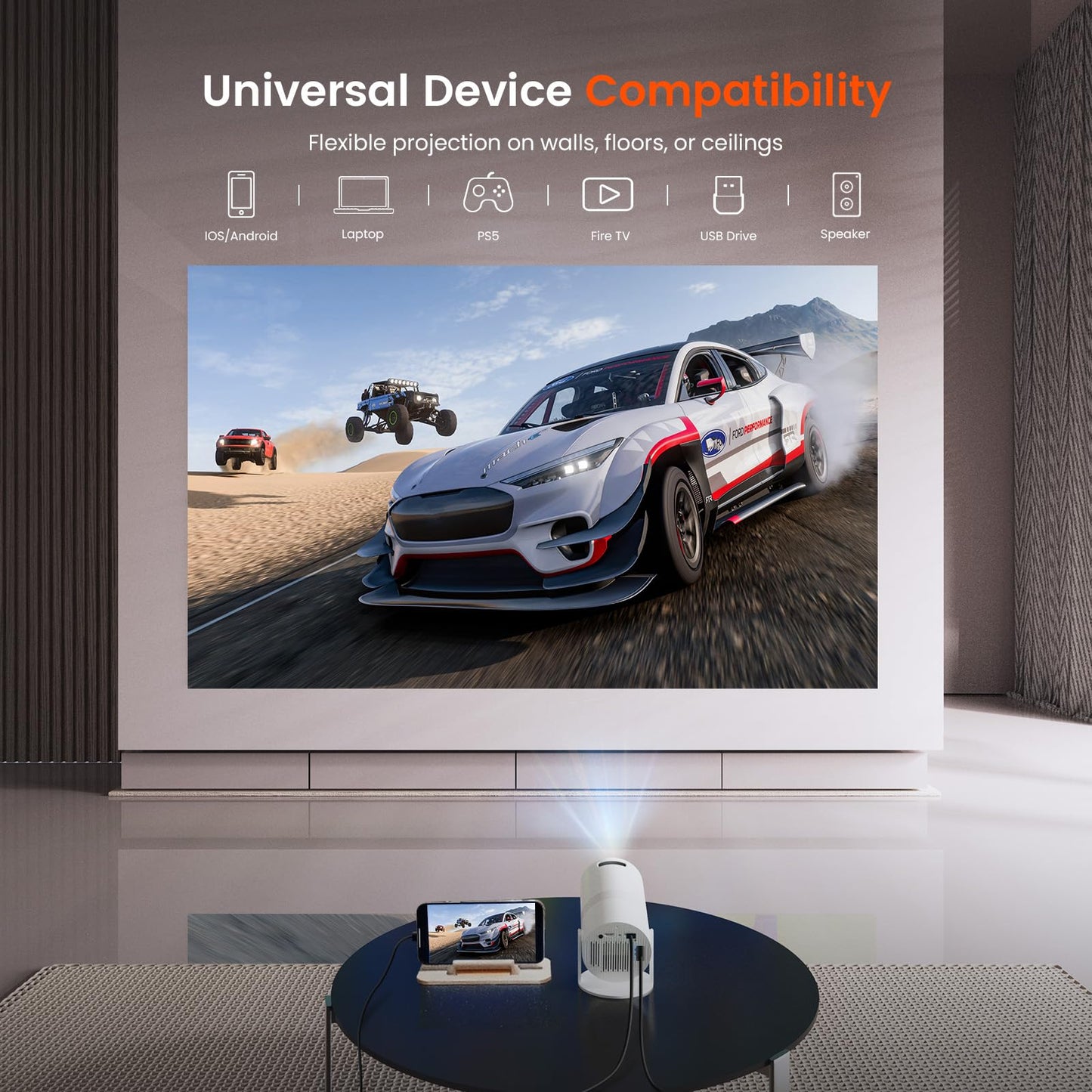 WISHOLY Mini Projector with WiFi and Bluetooth, Portable Movie Projector with 180° Rotatable, 1080P HD Supported, Auto Vertical Keystone, Compatible with Smartphone, TV Stick, Laptop, HDMI, USB