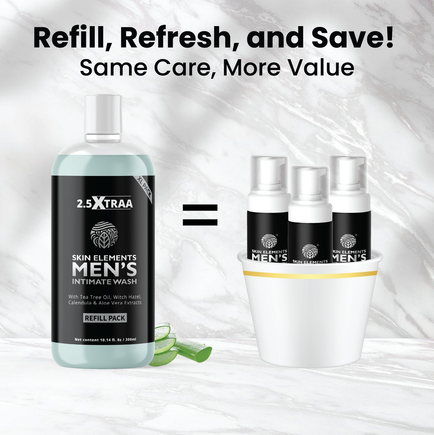 Skin Elements Men's Intimate Wash JUMBO Pack | with Refill | For 180 Days | 14.2 fl. oz | pH Balanced Hygiene Foaming Wash | Controls Bad Odor | with Tea Tree Oil | Super Saver Pack |