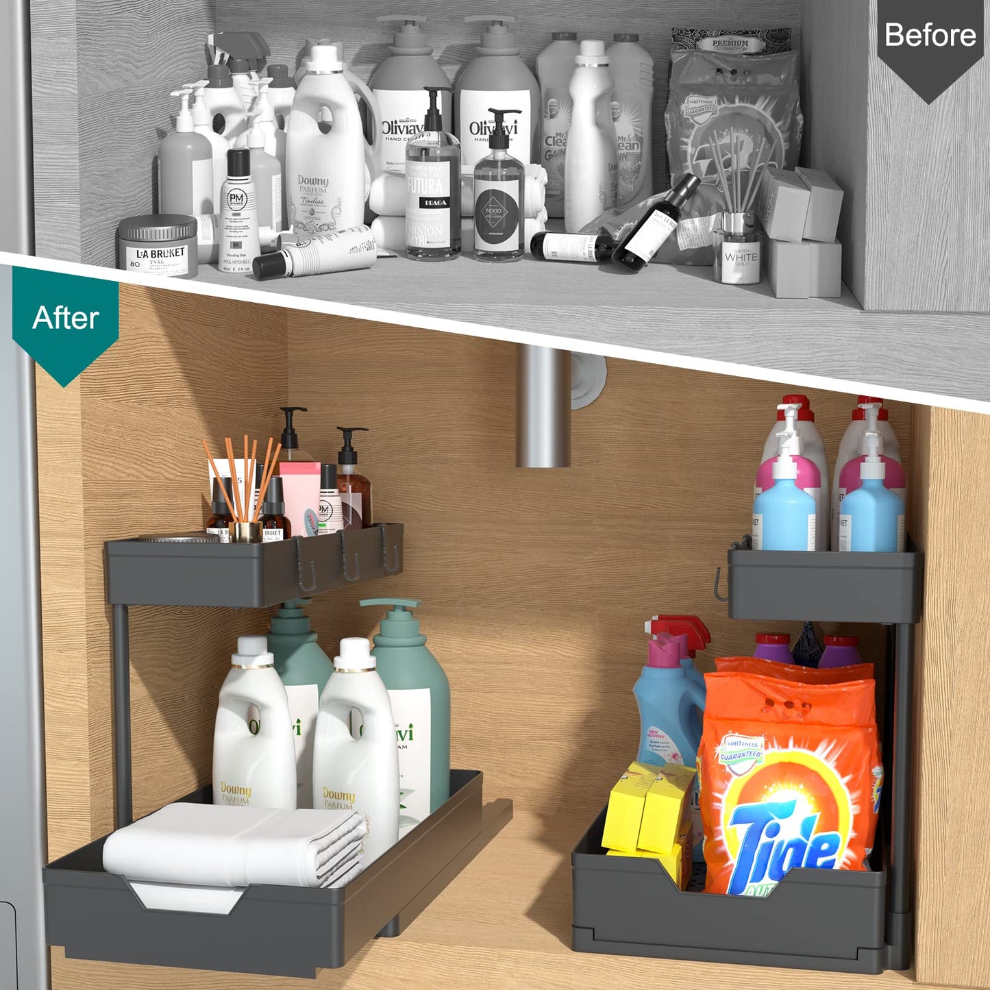 2-Tier Under Sink Organizers 2 Pack Sliding L-shape Cabinet Organizers Narrow Space Storage Shelves Multi-purpose Sink Organizer Baskets with 4 Hook for Kitchen Bathroom Drawer, Black