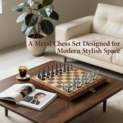 Metal Chess Set for Adults and Kids - 12 Inch Wooden Folding Chess Board and Metal Pieces Travel Portable Chess Set - Extra Queens &amp 2.5 King Ideal Gift for Chess Enthusiasts &amp Beginner