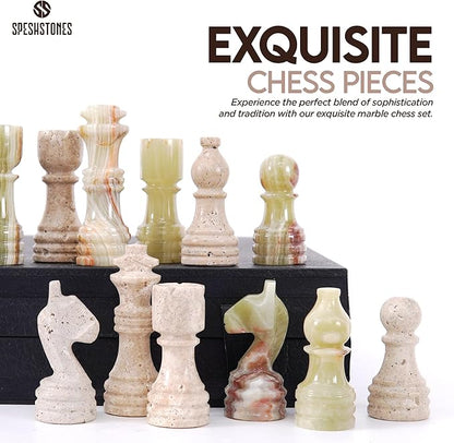 Marble Chess Set 12 Inch Handmade Travertine and Green Board Games for Adults with Storage Box Classic Table Chess Board with Pieces &amp 2 Extra Queens Gifts &amp Home Décor