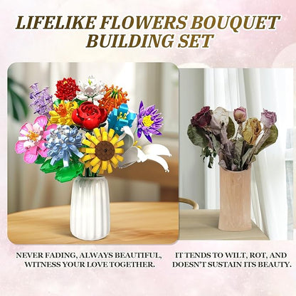 Flower Bouquet Building Set1009PCS Creative DIY Plant Bouquet Decoration12 Artificial Flowers Botanical for Adults Women Girls Ages 6+Idea Gifts for Mother's Day Valentine's Day No Vase