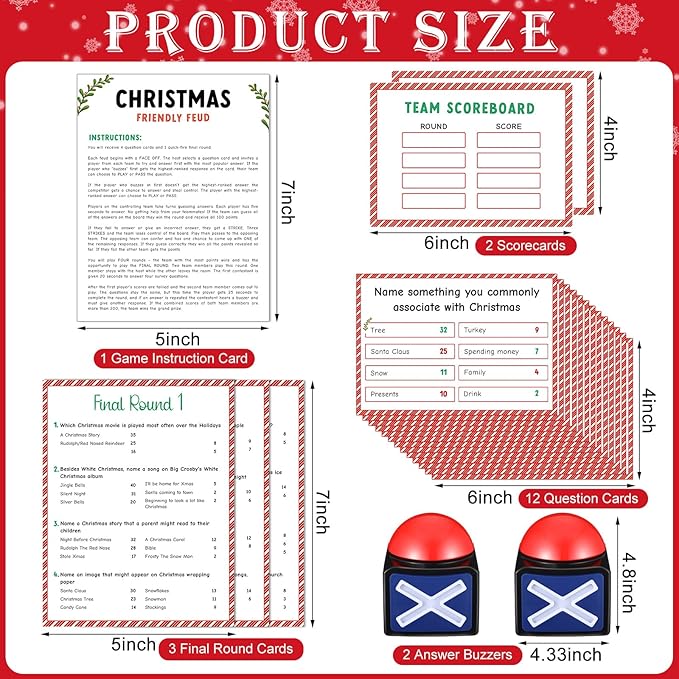 Syhood Christmas Friendly Feud Card Game with 2 Answer Buzzers Fun Xmas Family Trivia Quiz Party Game Night Activities for Adults Office Large Group and Team Building