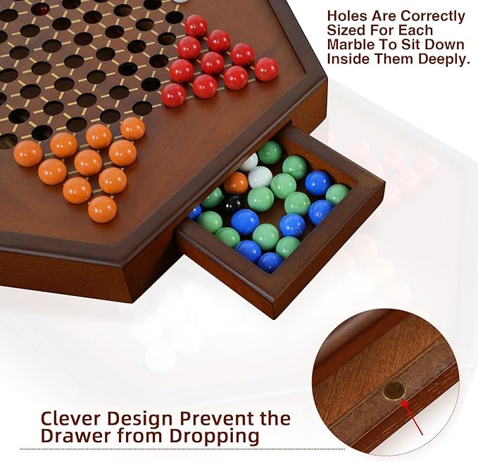 Chinese Checkers 15 x 13 Large Wooden Checkers Board Game Includes 16mm 60+12 Colorful Glass MarblesClassic Strategy Family Board Game for AdultWalnut