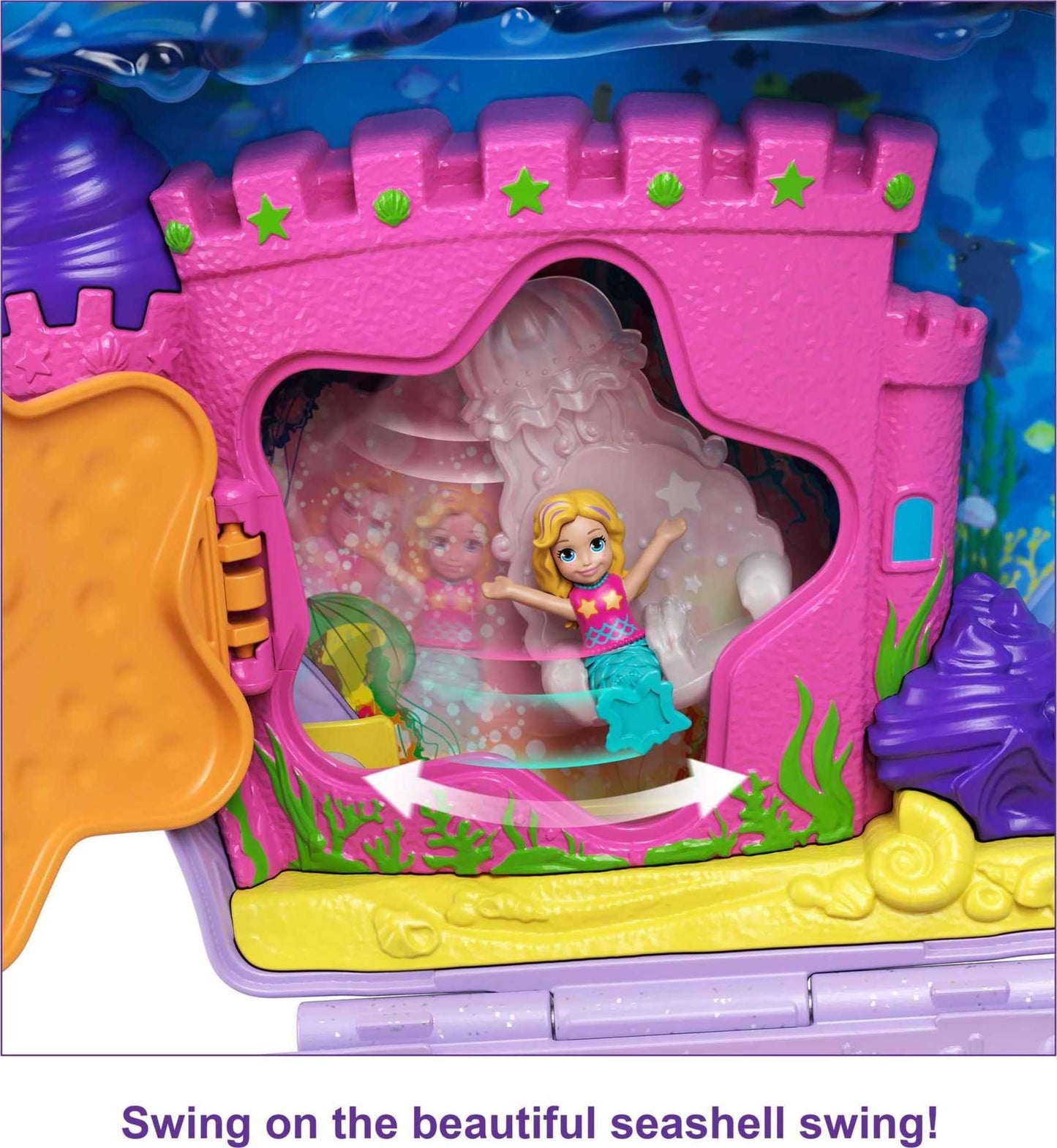 Polly Pocket Tiny Power Seashell Purse Compact with Wearable Strap, Fun Under-The-Sea Features, Micro Polly and Lila Mermaid Dolls, 2 Accessories & Sticker Sheet; for Ages 4 Years Old & Up