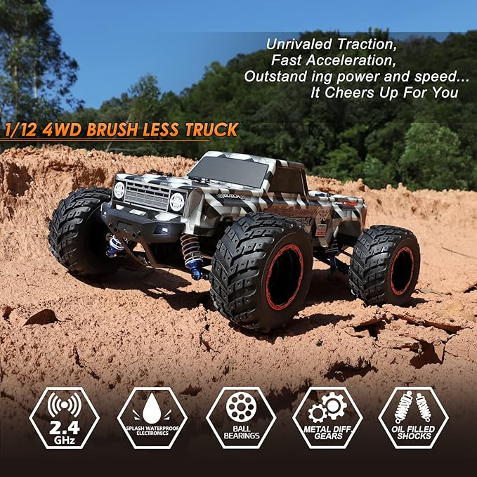 HAIBOXING 1/12 Scale Brushless RC Cars 903A 4X4 Off-Road RC Monster Truck with Fast Remote Control of 55KM/H Top Speed Hobby Grade RTR RC Vehicles All Terrain for Adults Boys