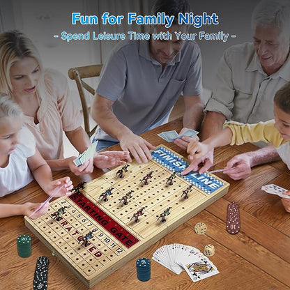 Large 23 inches Horse Racing Board Game with 11 Luxury Metal Numbered Horses Foldable Wood Horse Race Board Game with 2 Sets of Dice 2 Boxes of Cards 80pc Poker Chips for Parties and Gambling
