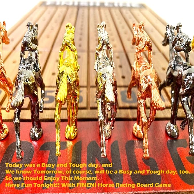 Horse Racing Game for Adults - Foldable Board Game With 11 Luxurious Metal Horses (Gold Silver Black RoseGold) - 22 Acacia Wood Race Game Board Dice &amp RoseGold Card