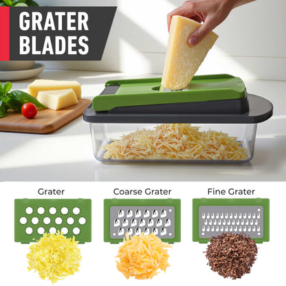 Mueller Pro-Series 10-in-1, 8 Blade Vegetable Chopper, Onion Mincer, Cutter, Dicer, Egg Slicer with Container, French Fry Cutter Potato Slicer, Home Essentials, Salad Chopper,Gray/Green