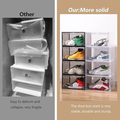 Attelite Large Clear Shoe Box OrganizerPlastic Stackable Shoe Storage Box with Magnetic Door Large Clear Door Shoe Containers for Display Sneakers Easy Assembly（Black）