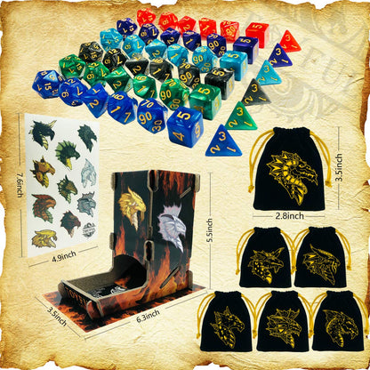 TOYFUL 6 Sets DND Dice Polyhedral Dungeons and Dragons DND RPG MTG Table Game Dice Bulk with Free Six Drawstring Bags and D&D Dice Tower Black