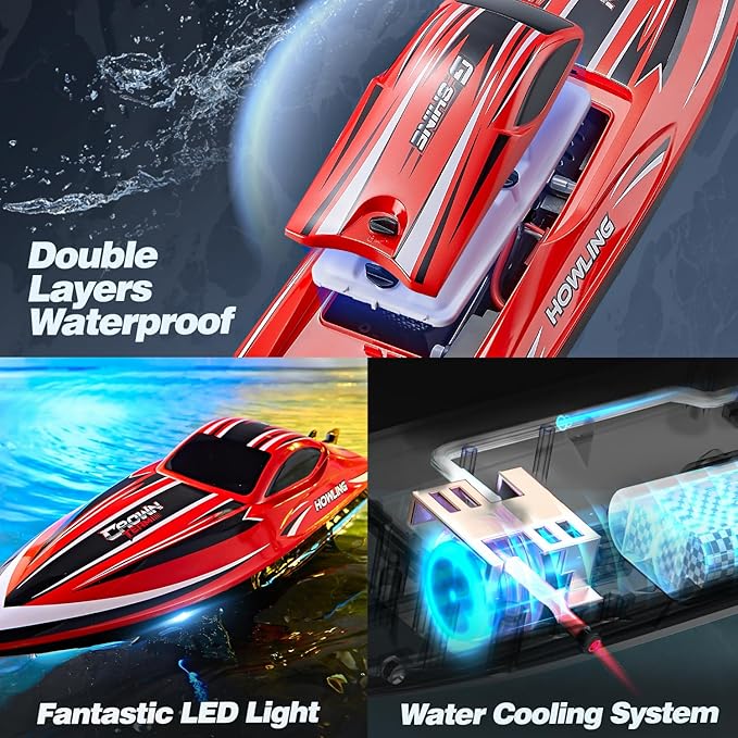 BEZGAR RC Boat 16 inch Big Brushless Remote Control Boat for Adults and Kids 55 KPH Large Fast RC Speed Boats with 2000mAh Battery Ideal Waterproof Toy Boats for Lakes - HJ818PRO Red (Pack of 2)