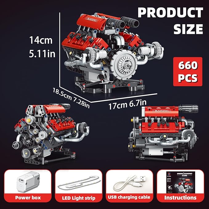 Mini V8 Engine Building Kit That RunsEngine Building Blocks with LED Light for Adults Visible Engine Model Set Construction STEM Toy for Kids Boys (660 PCS)