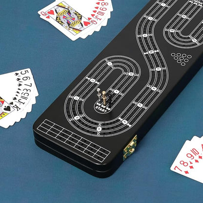 Cribbage Board Game Set 3 Tracks 2 Storage Area with 9 Metal Pegs2 Decks of Playing Cards and Instruction Wooden Travel Portable Cribbage Game Sets