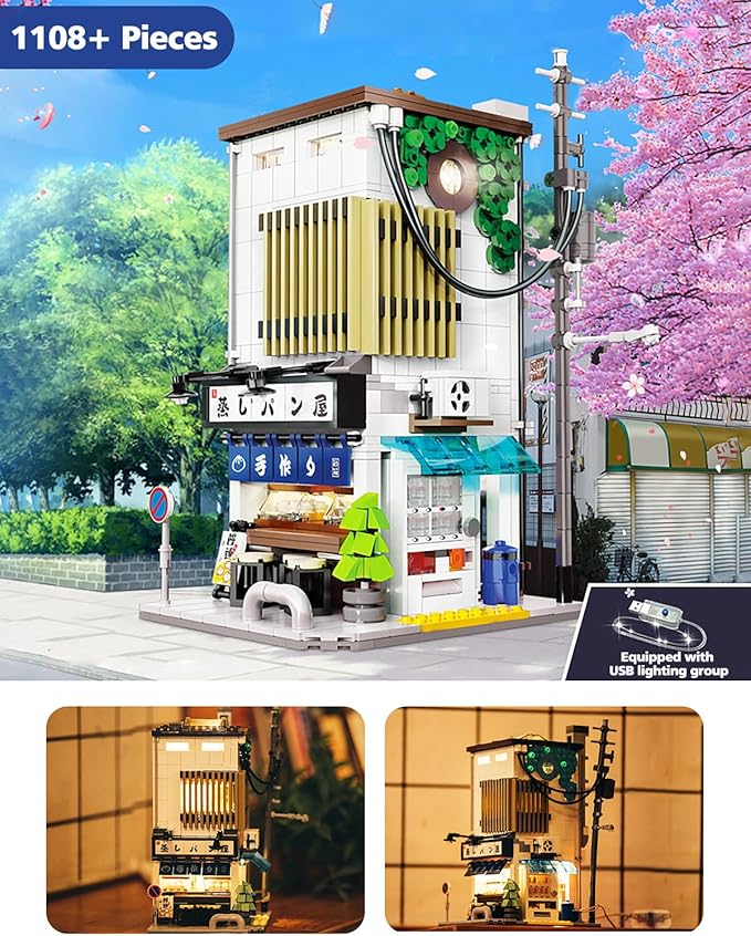 Japanese Street View Steamed Bun Shop Building Block Set Tokyo Architecture with USB Lighting Collectible Construction Toy for Adults and Teens(1108 Pieces)