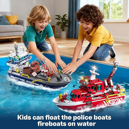 City Floating Boats Building Set Police Boat and Fire Rescue Boat Compatible with Lego Ship City STEM Building Toys Ideal Gift for Kids Boys Girls 6 7 8 9 10 11 12