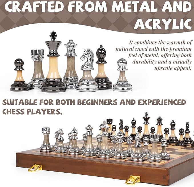 Luxury Large Chess Set 17 Inch Wooden Chess Board with Metal and Acrylic Chess Pieces 3.5 King 2 Extra Queens Foldable Tournament Chess Set for Adults and Kids Gift Display Chess Game Collection