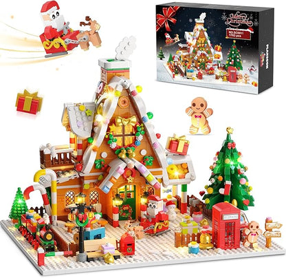 2025 Christmas Gingerbread House Courtyard Mini Building Set with Lights Christmas Village Building Block Toy with Santa Xmas Tree Holiday Train Gift for Adults Boys Girls 14+ (1763PCS)