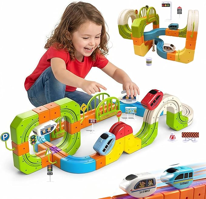 Electric Train Set for Kids Ages 3-8 - 145 Pcs STEM Building Toys with Flexible 3D Tracks - Birthday Gift for Boys Girls