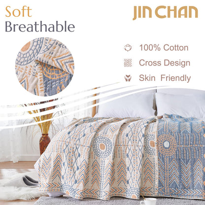 jinchan Boho 100% Cotton Muslin 50x60 Throw Blanket Lightweight 4-Layer Orange Multi Reversible Blanket Washable Breathable Decorative Geometric Striped Pattern Soft Comfy for Couch Bed All Seasons