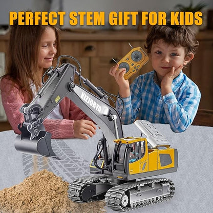 Remote Control Excavator Toys for Boys Age 6-12 Rechargeable 11 CH RC Construction Vehicles Truck with Sound Light Metal Shovel Birthday for Kids 7 8 9 10+ Year Old(2.4 GHz)