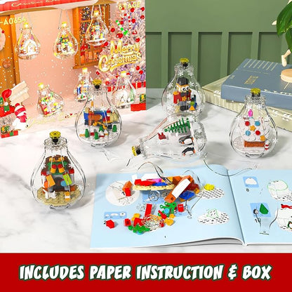 Christmas Tree Ornaments Building Set with Light Santa Claus Gingerbread House Nutcracker Penguin Bear Building Kit in Bulbs 6 Pack Xmas Decorations Stocking Stuffers Gift for Kids (405 PCS)