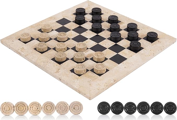Marble Checkers Set 15 Inch Handmade Travertine &amp Black Checkers Board Game with Checker Pieces - Board Games for Adults Game Table Accessories Gifts &amp Home Décor