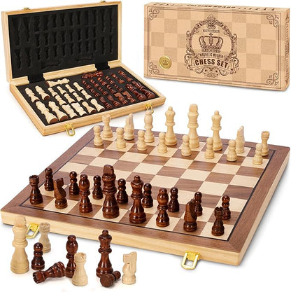 Magnetic Wooden Chess Set for Adults Kids 15 Folding Chess Boards with 2 Extra Queens Portable Travel Chess Sets with Pieces Storage Slots Beginner Chess Game Set for Kids Adults