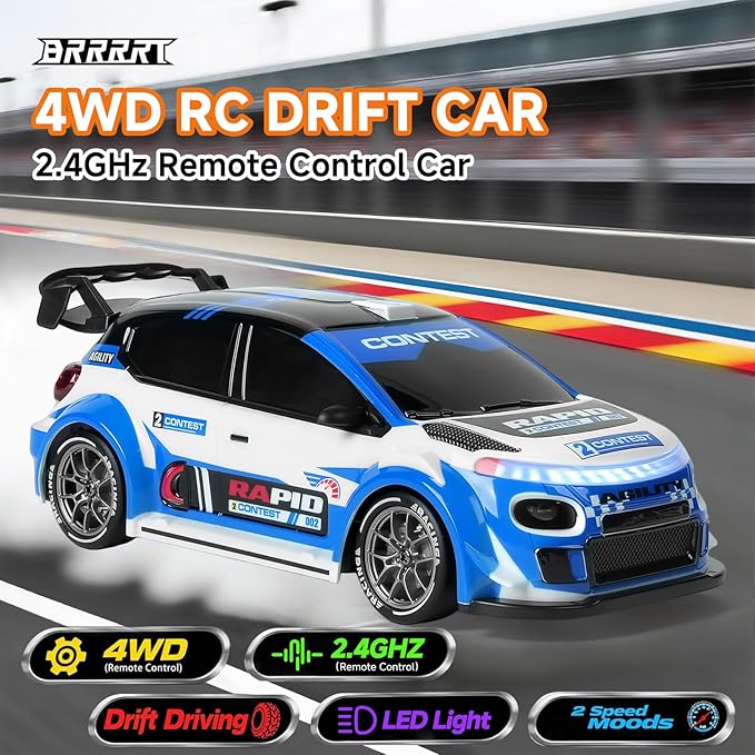 BRRRRT 1:24 Remote Control Rally Car4WD High Speed Remote Control Cars with LED LightsDrift Car for Boys and Girls Age 6+ Blue