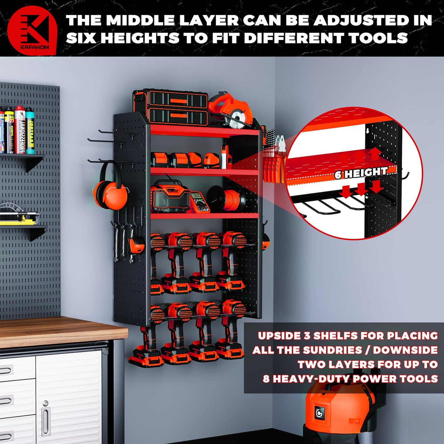KAFAHOM Power Tool Organizer, Large 8 Drill Holder Wall Mount with 2 Side Pegboards,5 Layer Heavy Duty Metal Tool Storage Rack, Tool Shelf for Garage Organization, Utility Battery Shelves - Red