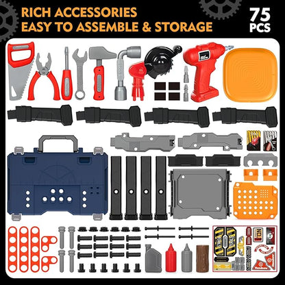 Kids Tool Bench with Electric Drill and Chair Christmas Birthday Gift for Boys Girls Age 345+ Fun Play Kids Workbench Transformable Toddler Tool Box Set Construction Tool Toys for Toddler 3-5
