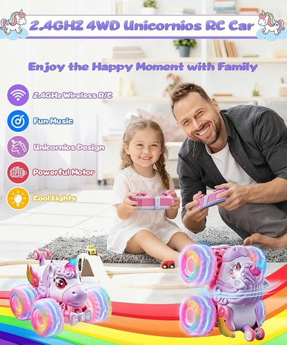 Remote Control Car Unicornios Trucks with Lights and Music360°Rotating 4WD Stunt RC Cars Toys for Girls 2.4 GHz Rechargeable All Terrain RC Toys Presents for Girls Age 3-10 (With Storage Bag)