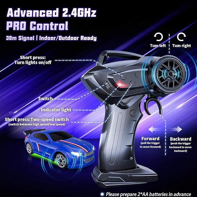 Mini RC Drift Car 1:64 Scale Remote Control Car with LED Lights &amp 2-Speed Modes 2.4GHz Stunt Drifting RC Toys with 4 Obstacles &amp Track Mat Hobby Gift for Kids &amp Adults Blue
