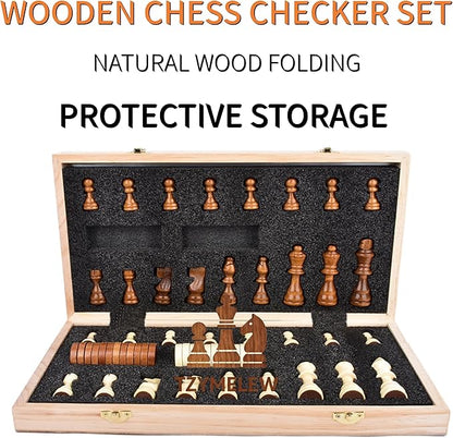 15 Inch Wooden Magnetic Chess Set with Folding Board &amp Storage – Includes Checkers Fun Strategy Game for Kids and Adults Great for Family Game Night