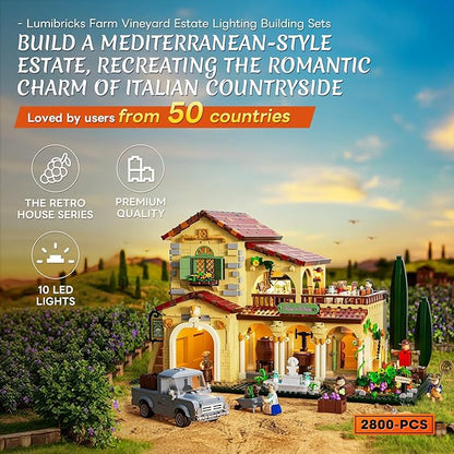 Farm Vineyard-Estate Lighting Building-Bricks-Set - 2800 Pcs Winery Chateau House Collection LED Light Wine Cottage Model Display Set for Adults and Farm Series Building Collectors