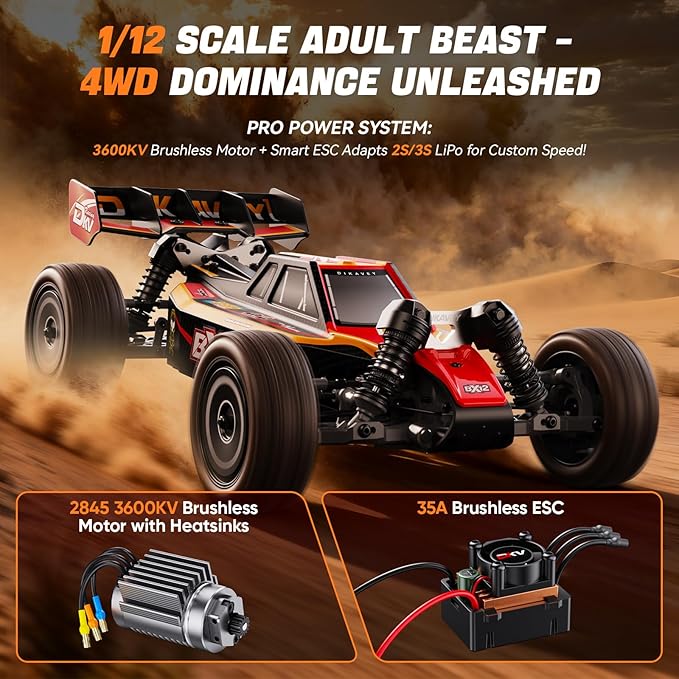 1/12 Brushless RC Cars for AdultsRemote Control Car for Fast Max 42 MPH 4X4 High Speed Racing RC Buggy with 3S 2200 mAh BatteryFast Off-Road RC Truck Suitable as Giftfor Beginner-Orange Green