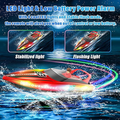 RC Boat with LED Lights 40+ Mins Self-Righting Waterproof Remote Control Boat for Pools Lakes Bathtubs Summer Water Toys for Kids Radio Controlled Watercraft (Red)