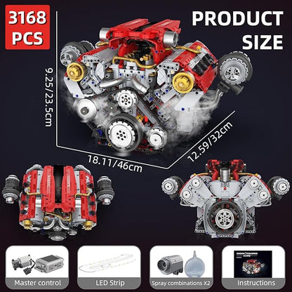 V8 Engine Building Kit That Works Build Your Own Model Engine for Adult8-Cylinder Car Engine with Spray &amp Light Building Engineering Toys for Kids Adults (3168PCS)