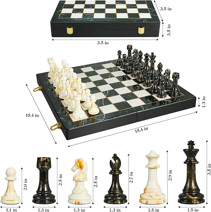 15 Large Chess Set for Adults with Extra 2 Queens Weighted Acrylic Pieces-3.5 King w/Leather Base Portable Folding Marbling Wooden Chess Board - Travel/Family Game &amp Elegant Gift