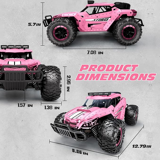 Tecnock Pink RC Car 1/16 Scale Remote Control Car for Girls High Speed 20 Km/h All Terrains Rc Monster Truck with Two Rechargeable Batteries &amp Head Chassis Lights Gift Toy for Kids Adults