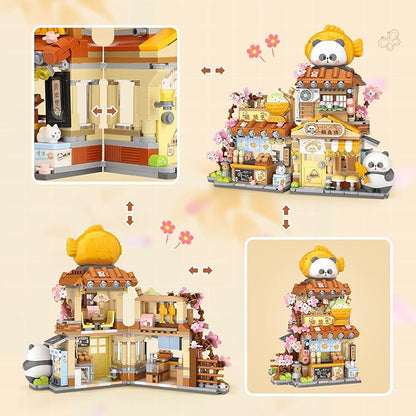 Japanese Street View Taiyaki Shop Mini Building Blocks MOC Creative Building Toys Cute Panda Building Set for Kids 6-12 Simulation Architecture Construction Toy Gift Idea for Kids Adults (858 PCS)